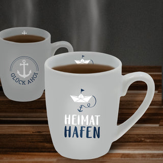 Becher 'Maritim' 6er Set 350 ml Steinzeug 12,5x9,5x8cm hellgrau Aufdruck Glück Ahoi Heimathafen Henkeltasse Kaffeebecher