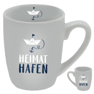 Becher 'Maritim' 6er Set 350 ml Steinzeug 12,5x9,5x8cm hellgrau Aufdruck Glück Ahoi Heimathafen Henkeltasse Kaffeebecher