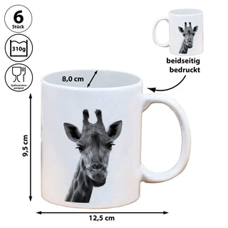 Becher 'Giraffe/Esel' 6er Set 300 ml Steinzeug 12,5x9,5x8cm weiß Henkeltasse Kaffeebecher Tasse Aufdruck Tiermotiv