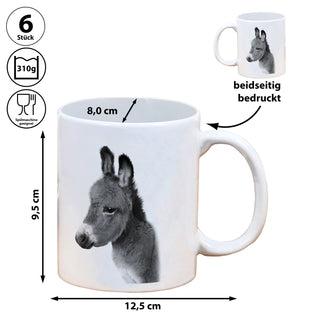 Becher 'Giraffe/Esel' 6er Set 300 ml Steinzeug 12,5x9,5x8cm weiß Henkeltasse Kaffeebecher Tasse Aufdruck Tiermotiv
