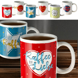 Becher 'Sprüche' 6er Set 300 ml Steinzeug 12,5x9,5x8cm weiß Henkeltasse Kaffeebecher Tasse Aufdruck 6 Motive