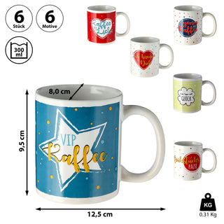 Becher 'Sprüche' 6er Set 300 ml Steinzeug 12,5x9,5x8cm weiß Henkeltasse Kaffeebecher Tasse Aufdruck 6 Motive