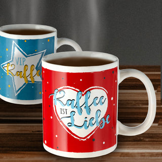 Becher 'Sprüche' 6er Set 300 ml Steinzeug 12,5x9,5x8cm weiß Henkeltasse Kaffeebecher Tasse Aufdruck 6 Motive