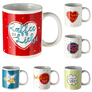 Becher 'Sprüche' 6er Set 300 ml Steinzeug 12,5x9,5x8cm weiß Henkeltasse Kaffeebecher Tasse Aufdruck 6 Motive