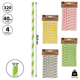 Trinkhalm 420 Stück 20x0,6cm Papier gelb grau grün rosa gestreift Strohhalm Papierstrohhalme Shake-Halme