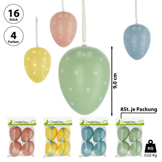 Ostereier Pastellfarben zum Aufhängen gepunktet 16er Set H9cm grün blau rosa gelb Kunststoff Eier Dekoeier Ostern