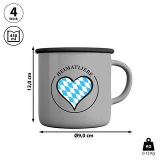 Kaffeebecher 'Heimatliebe' 4er Set 13x9cm Emaille Metall Becher Tasse 450 ml Teetasse Henkelbecher