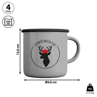 Kaffeebecher 'Schwarzwaldliebe' 4er Set 13x9cm Emaille Metall Becher Tasse 450 ml Teetasse Henkelbecher
