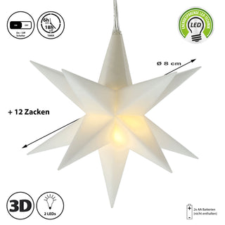 Leuchtstern 3D weiß Ø8cm zum Aufhängen Kunststoff warmweiß Timerfunktion Weihnachtsstern Weihnachtsbleuchtung Zackenstern