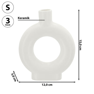 Vase Ringform 3er Set 12x15x3cm weiß Keramik Donutform Blumen Gräser Pflanzen Dekovase Blumenvase