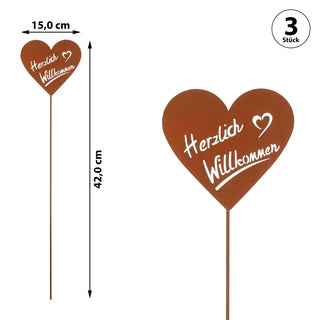 Gartenstecker 'Herzlich Willkommen' 3er Set Metall 15x42cm Rostoptik Herz zum Stecken Rusty Deko Terrasse Balkon