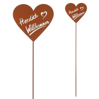 Gartenstecker 'Herzlich Willkommen' 3er Set Metall 15x42cm Rostoptik Herz zum Stecken Rusty Deko Terrasse Balkon