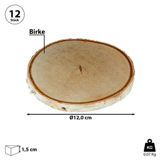 Baumscheibe 12er Set Birke Ø12x1cm Holzscheibe Naturprodukt Scheibe Holz Holzplatte Dekoelement