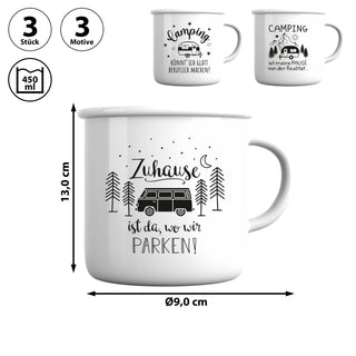Becher 3er Set 'Camping' 13x9cm Emaille Metall Becher Tasse 450 ml Teetasse Henkelbecher