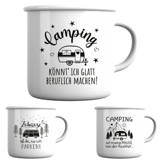 Becher 3er Set 'Camping' 13x9cm Emaille Metall Becher Tasse 450 ml Teetasse Henkelbecher