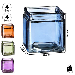 Windlicht Teelichtglas 4er Set Glas 10x10x10cm orange blau grün lila Teelichtglas Kerzenglas Glasgefäß Tischdekoration