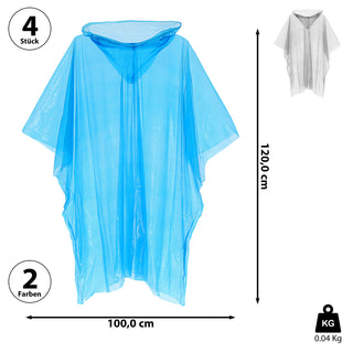 Regenponcho 4er Set blau transparent 120x130cm Regenmantel Regencape Regenschutz