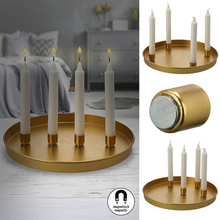 Stabkerzenhalter 'GoldMagnet' magnetisch Metall gold rund Ø25x3cm 4 Kerzenhalter Kerzentablett Tablett Stabkerzen