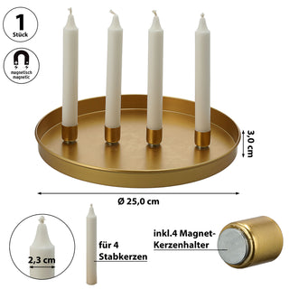 Stabkerzenhalter 'GoldMagnet' magnetisch Metall gold rund Ø25x3cm 4 Kerzenhalter Kerzentablett Tablett Stabkerzen