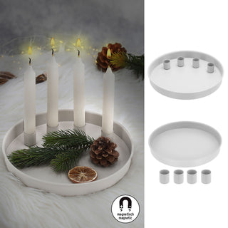 Stabkerzenhalter 'WhiteMagnet' magnetisch Metall weiß rund Ø25x3cm 4 Kerzenhalter Kerzentablett Tablett Stabkerzen