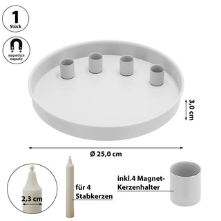 Stabkerzenhalter 'WhiteMagnet' magnetisch Metall weiß rund Ø25x3cm 4 Kerzenhalter Kerzentablett Tablett Stabkerzen