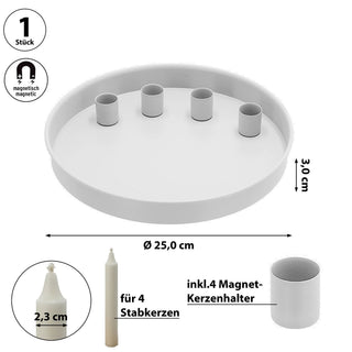Stabkerzenhalter 'WhiteMagnet' magnetisch Metall weiß rund Ø25x3cm 4 Kerzenhalter Kerzentablett Tablett Stabkerzen