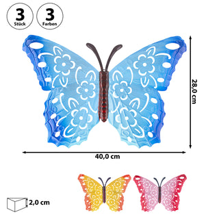 Wanddeko Schmetterlinge 3er Set Metall 40x28x2cm gelb blau pink Butterfly Wandornament Metallskulptur
