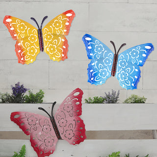 Wanddeko Schmetterlinge 3er Set Metall 40x28x2cm gelb blau pink Butterfly Wandornament Metallskulptur