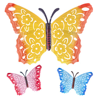 Wanddeko Schmetterlinge 3er Set Metall 40x28x2cm gelb blau pink Butterfly Wandornament Metallskulptur