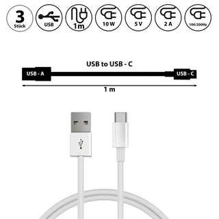 1/3x USB-C Schnellladekabel 1m/2m 5V 2A 10Watt 100-200HZ Kunststoff weiß Datenkabel Ladekabel USB-Kabel