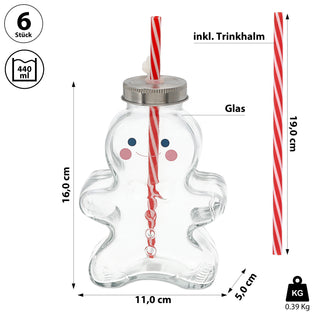 Trinkglas Lebkuchenmann 6er Set Trinkhalm Füllmenge 440ml Glas Weihnachtsglas Motivglas Weihnachten