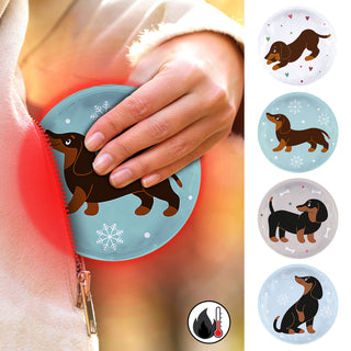 Taschenwärmer 4er Set Dackel 4 Motive 9x9cm Taschenheizkissen Wärmer Handwärmer Gelkissen wiederverwendbar