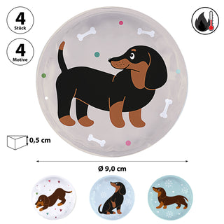 Taschenwärmer 4er Set Dackel 4 Motive 9x9cm Taschenheizkissen Wärmer Handwärmer Gelkissen wiederverwendbar