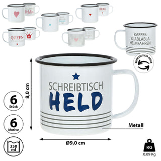 Kaffeebecher 6er Set 'Slogan' 9x8cm Metall 6 Sprüche Becher Tasse 350 ml Teetasse Henkelbecher