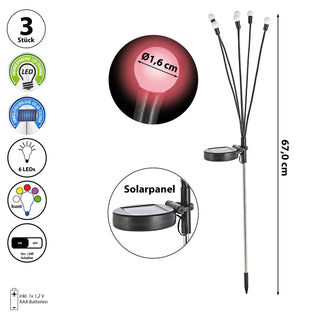 LED Solar Gartenstecker Firefly 3er Set H67cm 6 LEDs bunt Edelstahl Kunststoff On-/Off-Schalter Solarleuchte