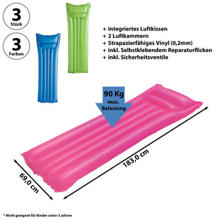 Luftmatratze 3er Set pink grün blau 183x69cm PVC 2 Kammern Belastbarkeit bis 90Kg Luftbett Strand Meer Schwimmbad