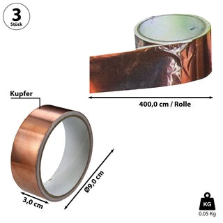 Schneckenschutzband 3er Set Kupferband 3x400cm Kupfer Schneckenbarriere Abschirmband Klebeband Abwehrband