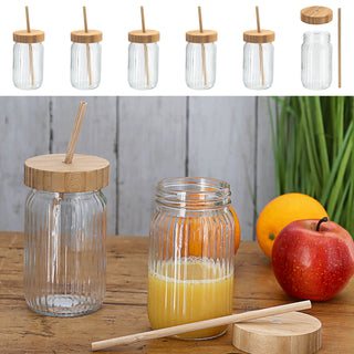 Trinkglas 6er oder 24er Set Deckel Trinkhalm Bambus Ø8cmx13,5cm 400ml Glas Getränkeglas Outdoorglas Trinkbecher