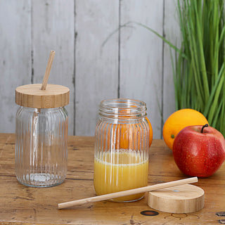 Trinkglas 6er oder 24er Set Deckel Trinkhalm Bambus Ø8cmx13,5cm 400ml Glas Getränkeglas Outdoorglas Trinkbecher