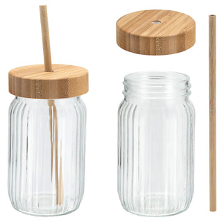 Trinkglas 6er oder 24er Set Deckel Trinkhalm Bambus Ø8cmx13,5cm 400ml Glas Getränkeglas Outdoorglas Trinkbecher