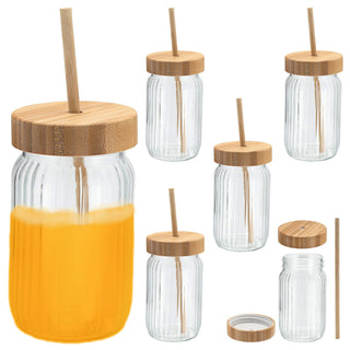 Trinkglas 6er oder 24er Set Deckel Trinkhalm Bambus Ø8cmx13,5cm 400ml Glas Getränkeglas Outdoorglas Trinkbecher