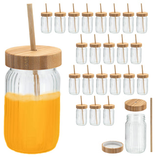 Trinkglas 6er oder 24er Set Deckel Trinkhalm Bambus Ø8cmx13,5cm 400ml Glas Getränkeglas Outdoorglas Trinkbecher