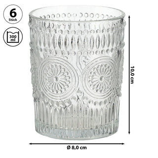 Trinkglas 6er Set 'Mandala' Ø8x10cm 300ml Glas klar Wasserglas Ornamente Getränkegläser Gläserset Bodensticker