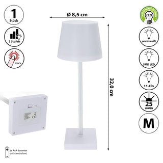 LED Tischleuchte weiß 17 LEDs 8,5x32cm ABS PS Touchfunktion batteriebetrieben warmweiß 3 Helligkeitsstufen 25 Lumen Tischbeleuchtung
