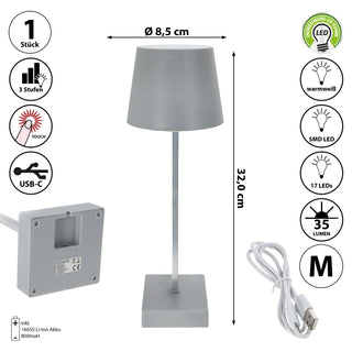 LED Tischleuchte hellgrau/schwarz 17 LEDs 8,5x32cm USB Ladefunktion Touchfunktion 3 Helligkeitsstufen 35 Lumen Tischbeleuchtung