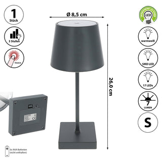 LED Tischleuchte grau / anthrazit 17 LEDs 8,5x32cm ABS PS Touchfunktion batteriebetrieben warmweiß 3 Helligkeitsstufen 7 Lumen Tischbeleuchtung