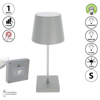 LED Tischleuchte grau / anthrazit 17 LEDs 8,5x32cm ABS PS Touchfunktion batteriebetrieben warmweiß 3 Helligkeitsstufen 7 Lumen Tischbeleuchtung