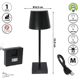 LED Tischleuchte hellgrau/schwarz 17 LEDs 8,5x32cm USB Ladefunktion Touchfunktion 3 Helligkeitsstufen 35 Lumen Tischbeleuchtung