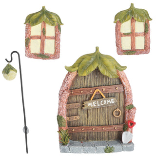 Feentür 'Welcome' 4teilig Polyresin bunt Türe 2 Fenster Laterne Baumdeko Gartendeko floureszierend