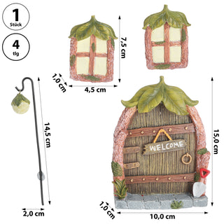 Feentür 'Welcome' 4teilig Polyresin bunt Türe 2 Fenster Laterne Baumdeko Gartendeko floureszierend